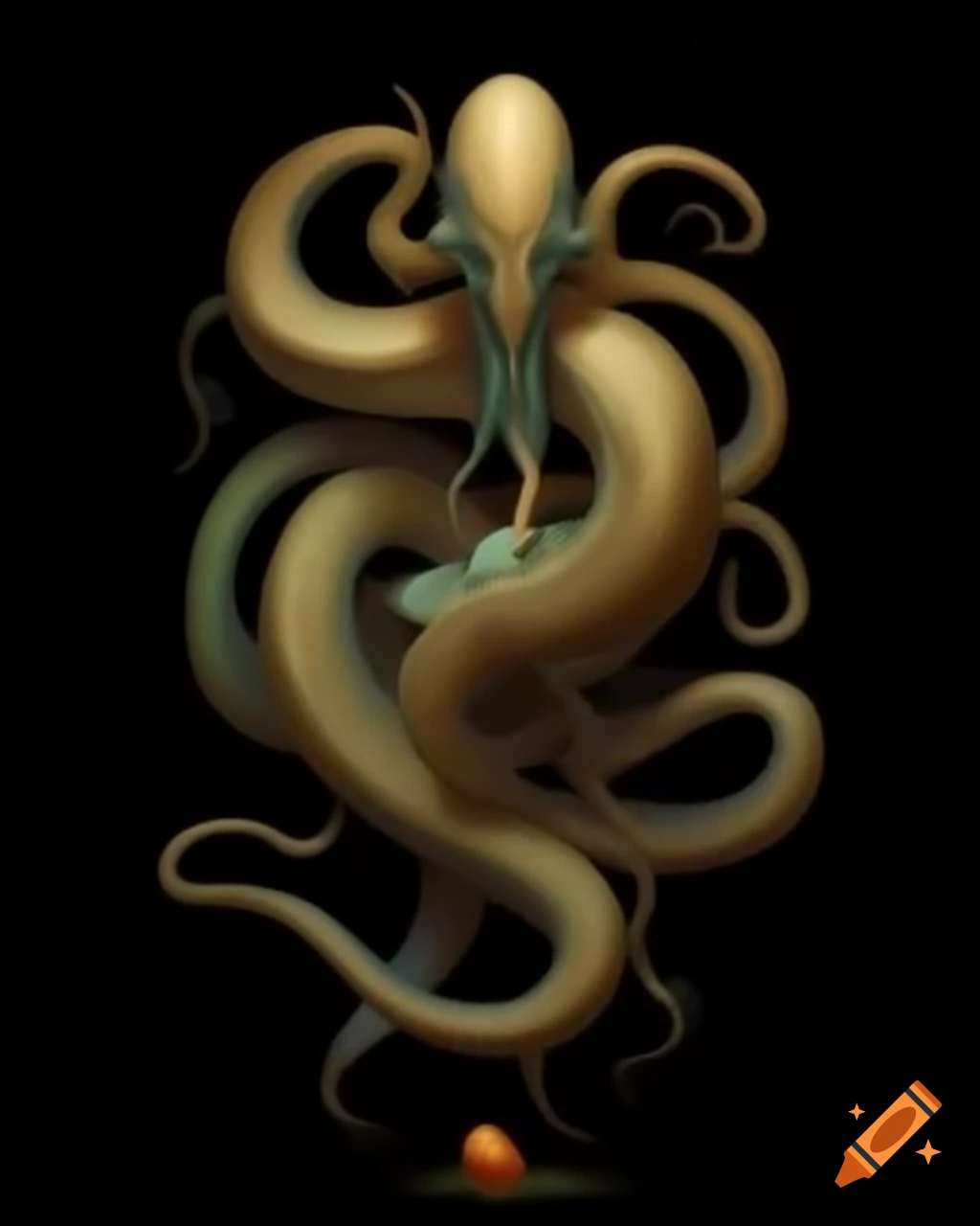 Grotesque featureless eel in motion, engorged with squid-eggs, against black background, inspired by ancient Egypt