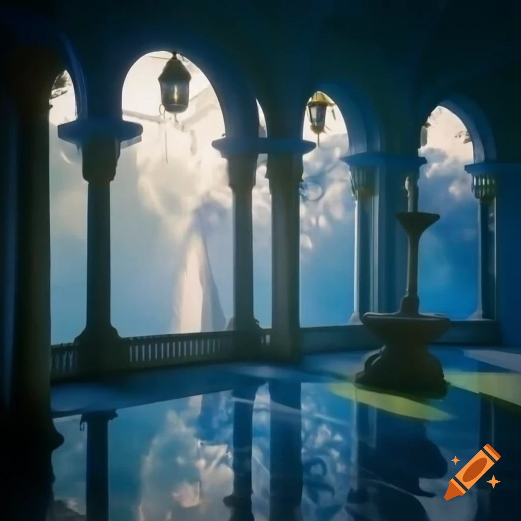 Baroque balcony and mausoleum at dawn with watercourse and mist over meadow