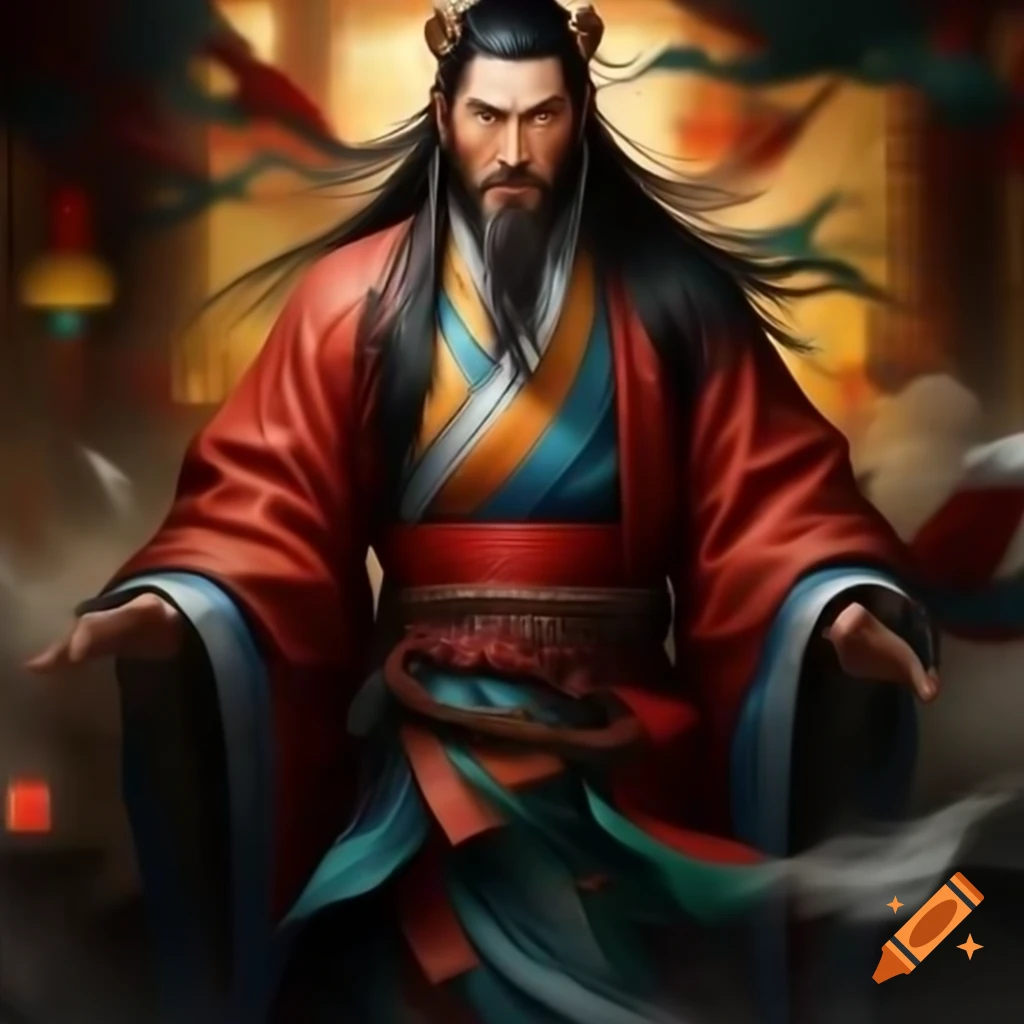 Chinese magician in colorful robes performing magic with radiant energy