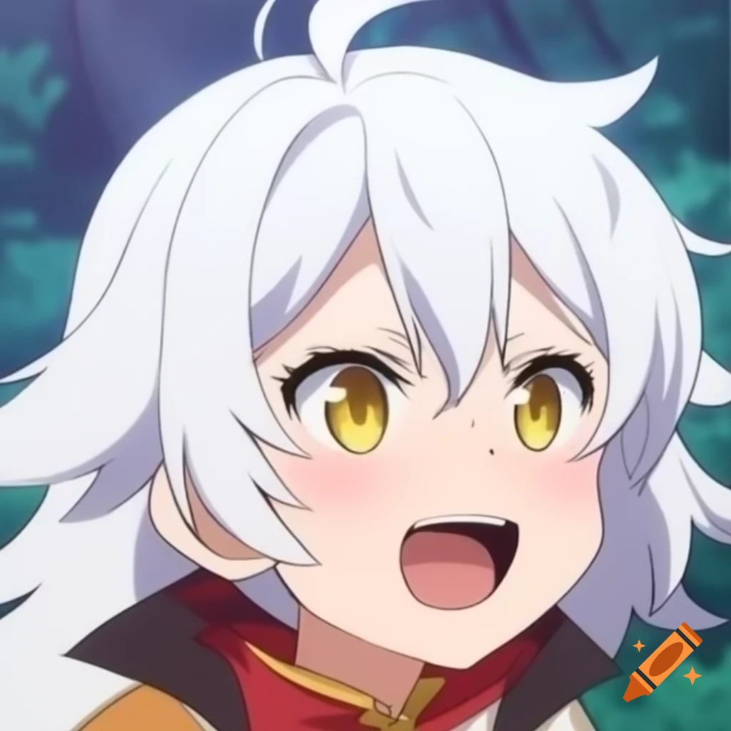 Bubbly 10-year-old female anime character with white hair and gold eyes