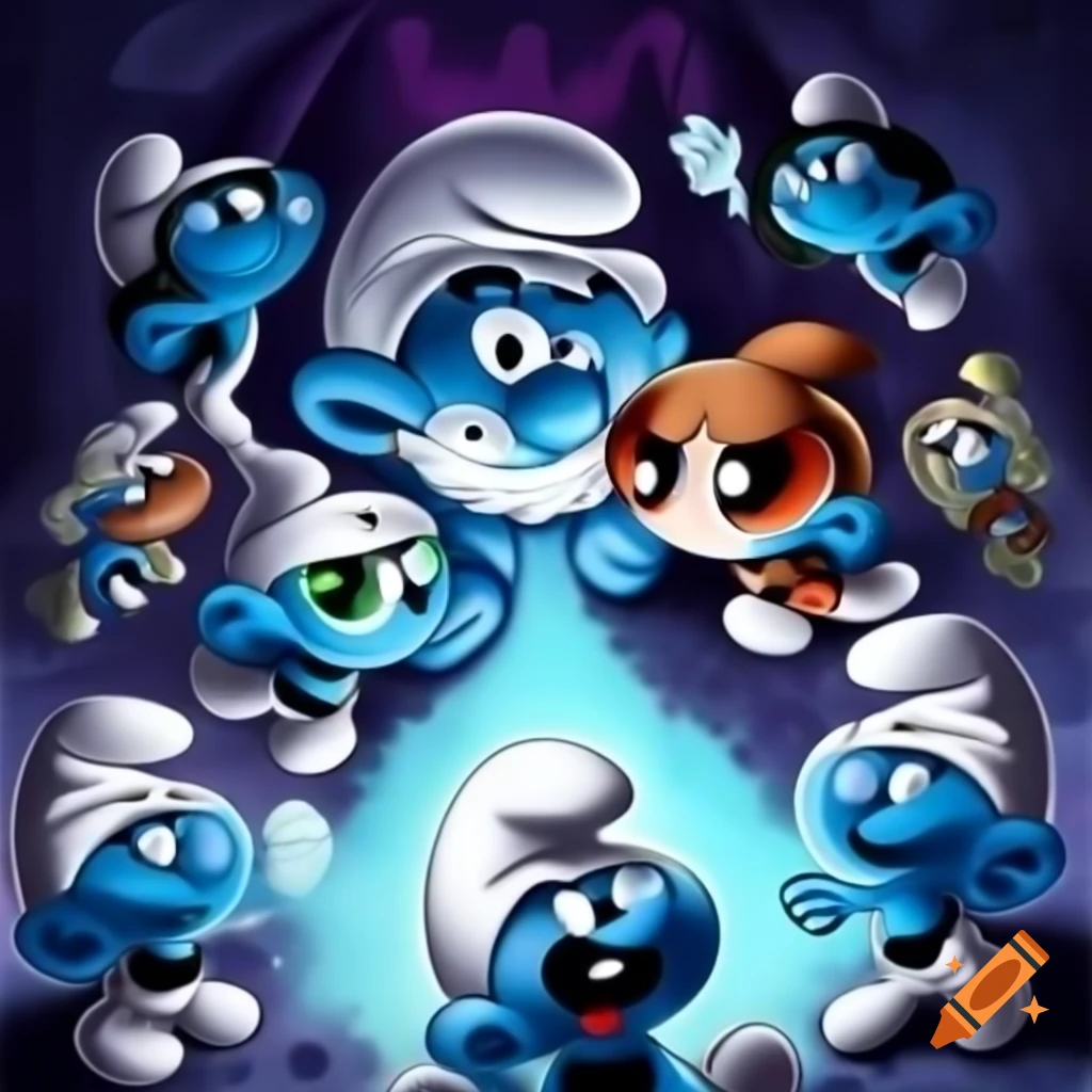 Cartoon vampire queen surrounded by cheerful Smurfs in dream realm