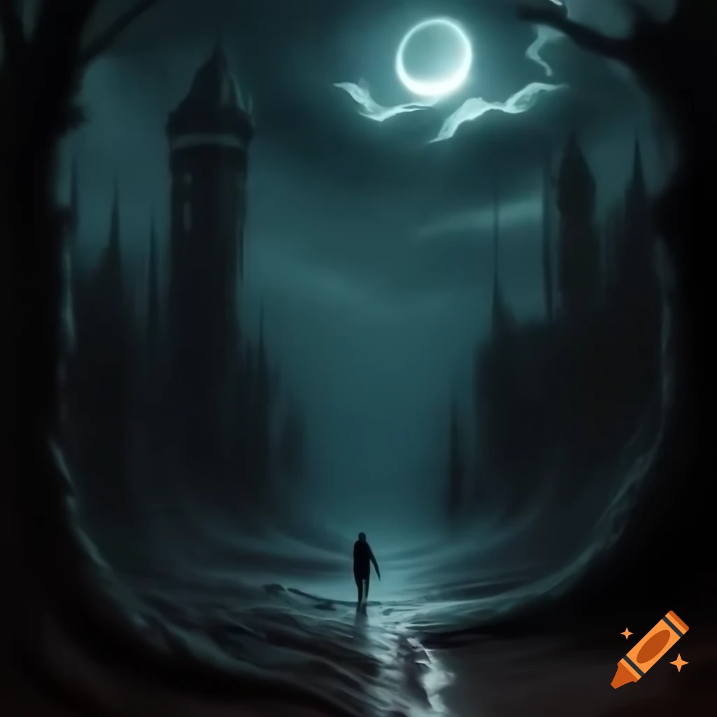 Dark hand-drawn landscape with dying trees, crescent moon, tower, and shadowy figure