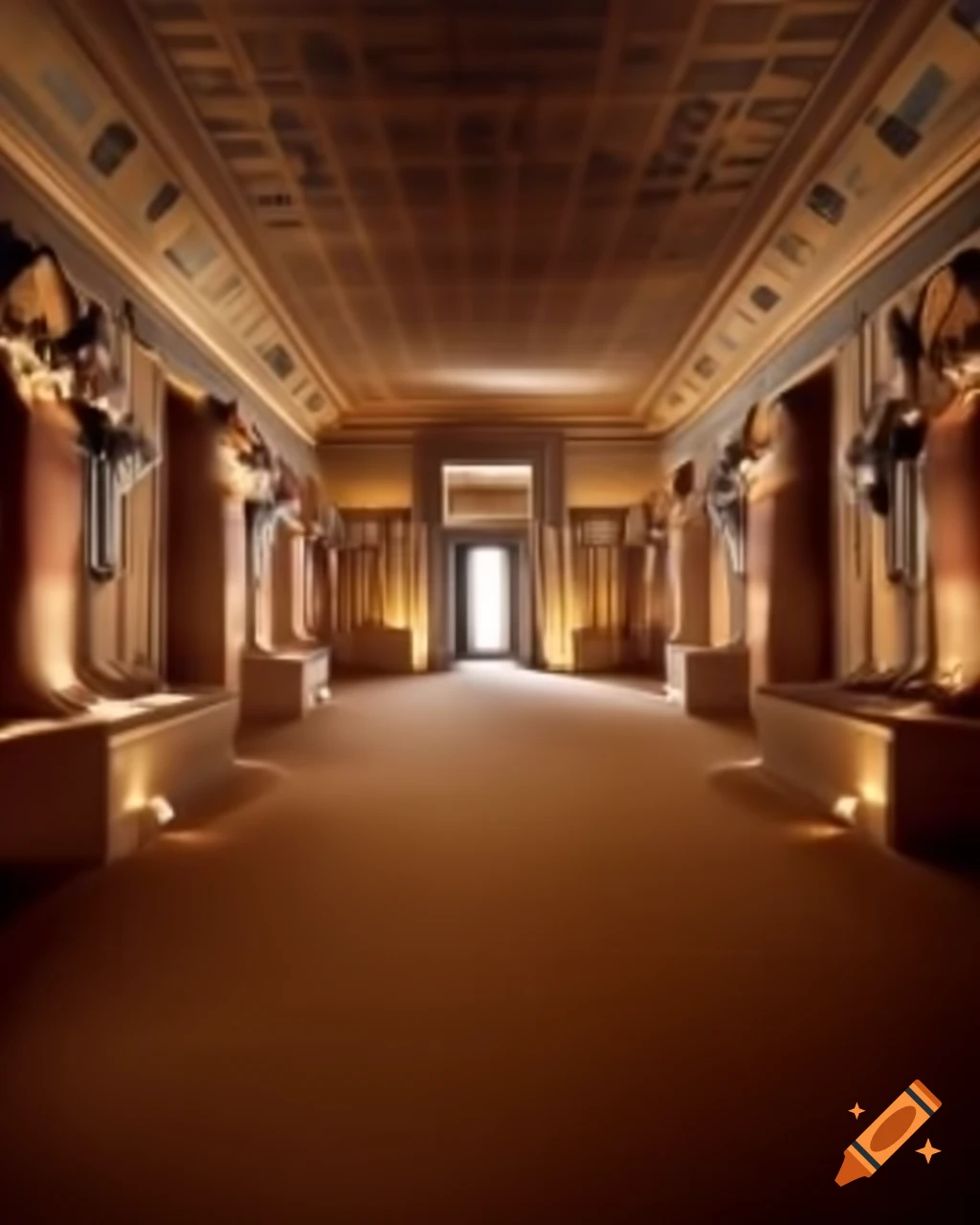 Cavernous palace throne room with sandy floor and stone walls in Ancient Egyptian style