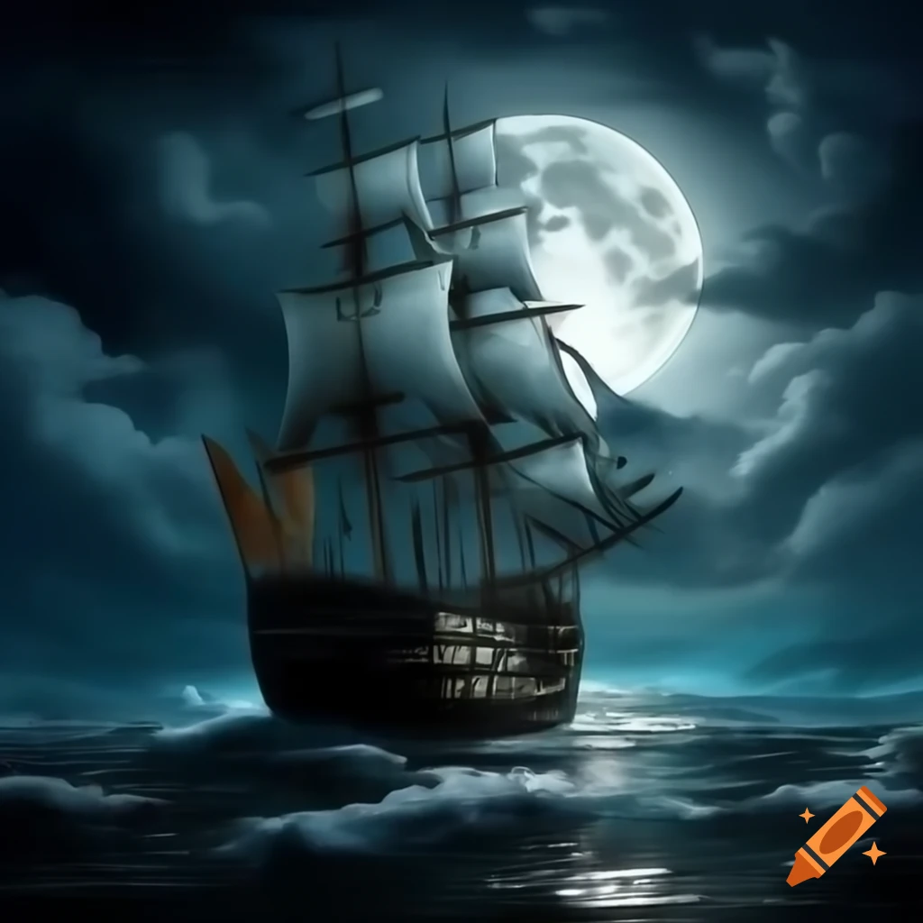 Oil painting of old ship sailing towards full moon