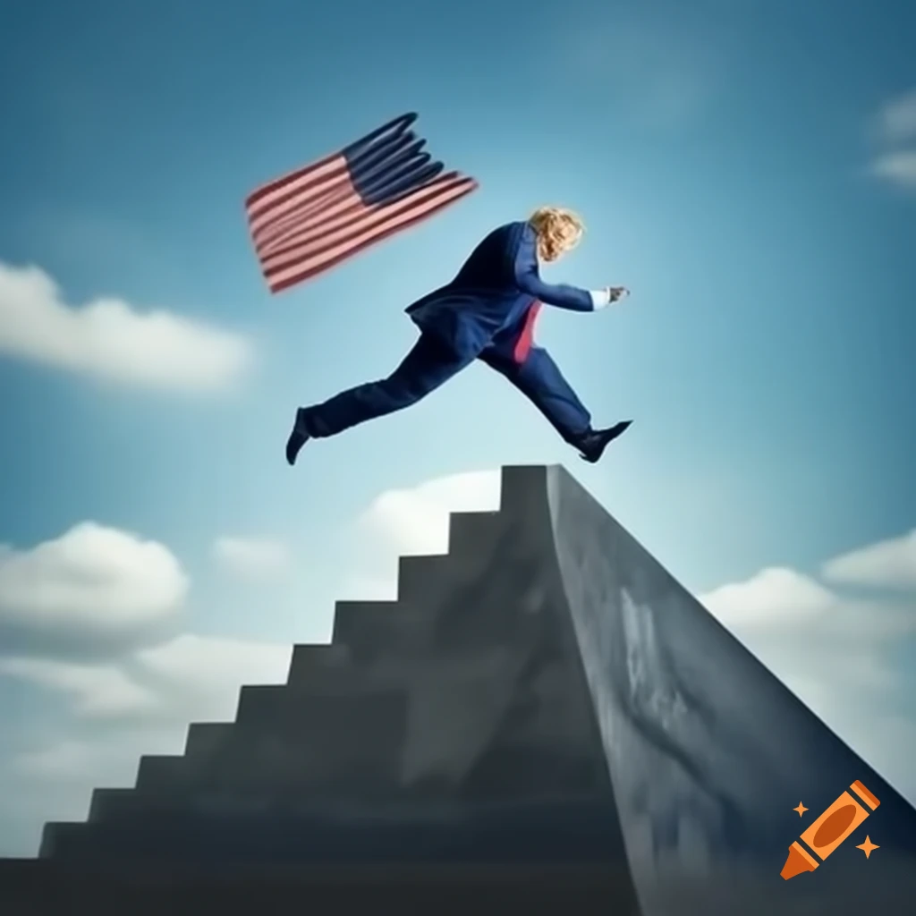 Political satire of Donald Trump falling off financial pyramid