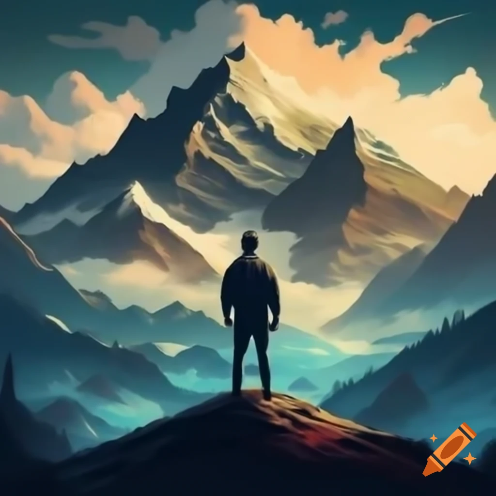 Man climbing mountain depicted in poster art style