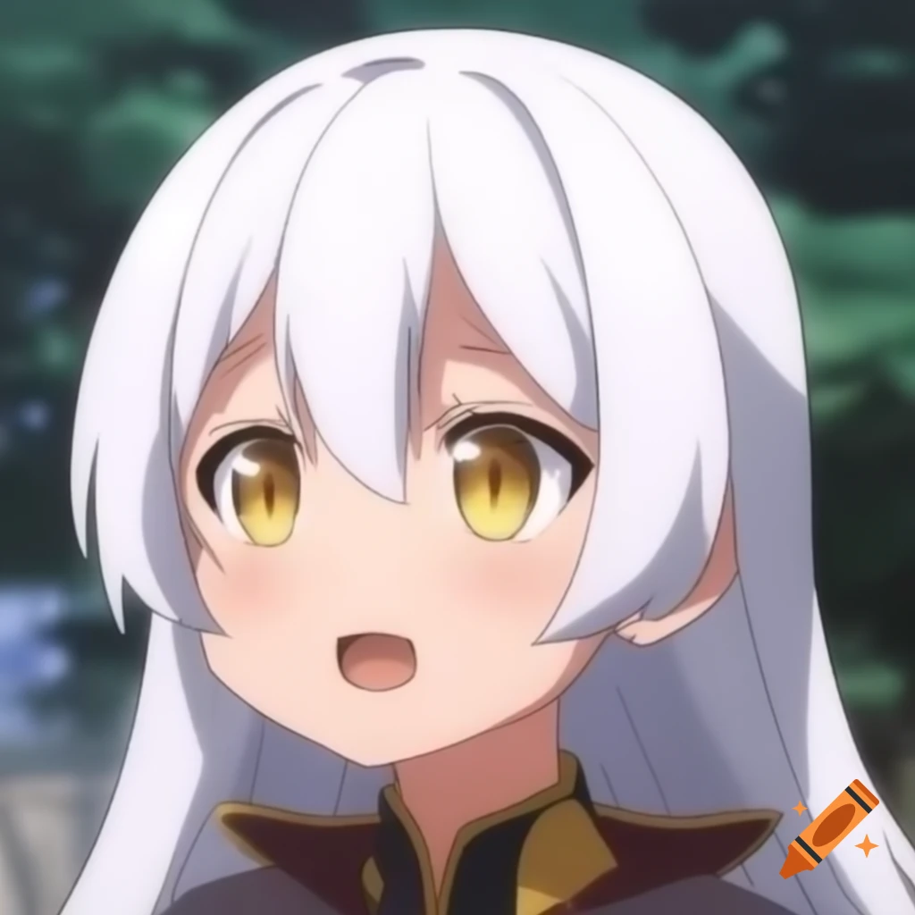Energetic female 10-year-old anime character with long white hair and gold eyes