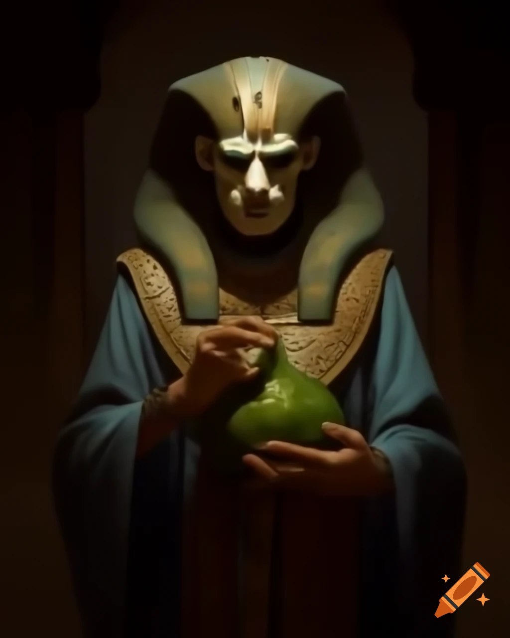 Ancient Egyptian priest holding large beetle in full length portrait