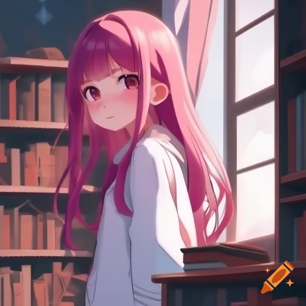 Anime girl with pink hair standing by library window, looking sad
