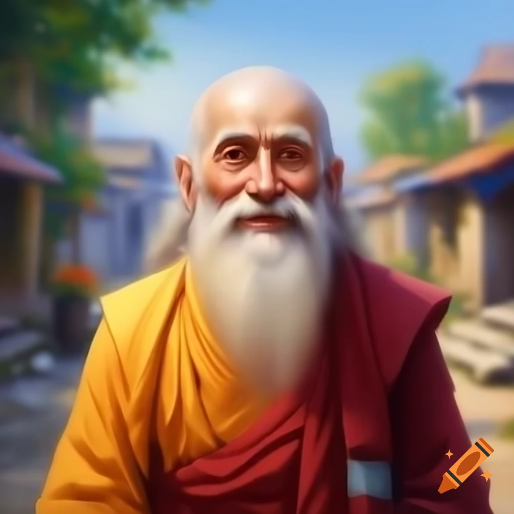 Monet-style painting of smiling Buddhist monk with long white beard in village