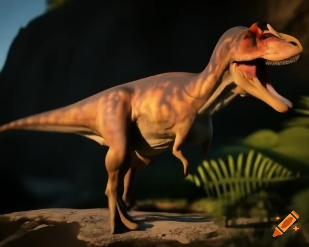 Pachycephalosaurus walking along rocky outcrop with ferns in warm morning light