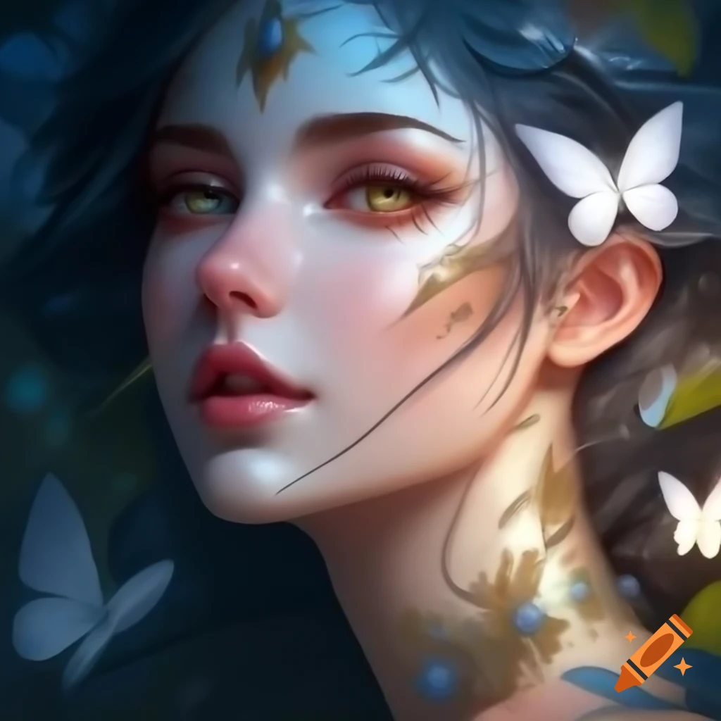 Portrait of a white goddess with glowing black hair surrounded by flowers, leaves, and butterflies