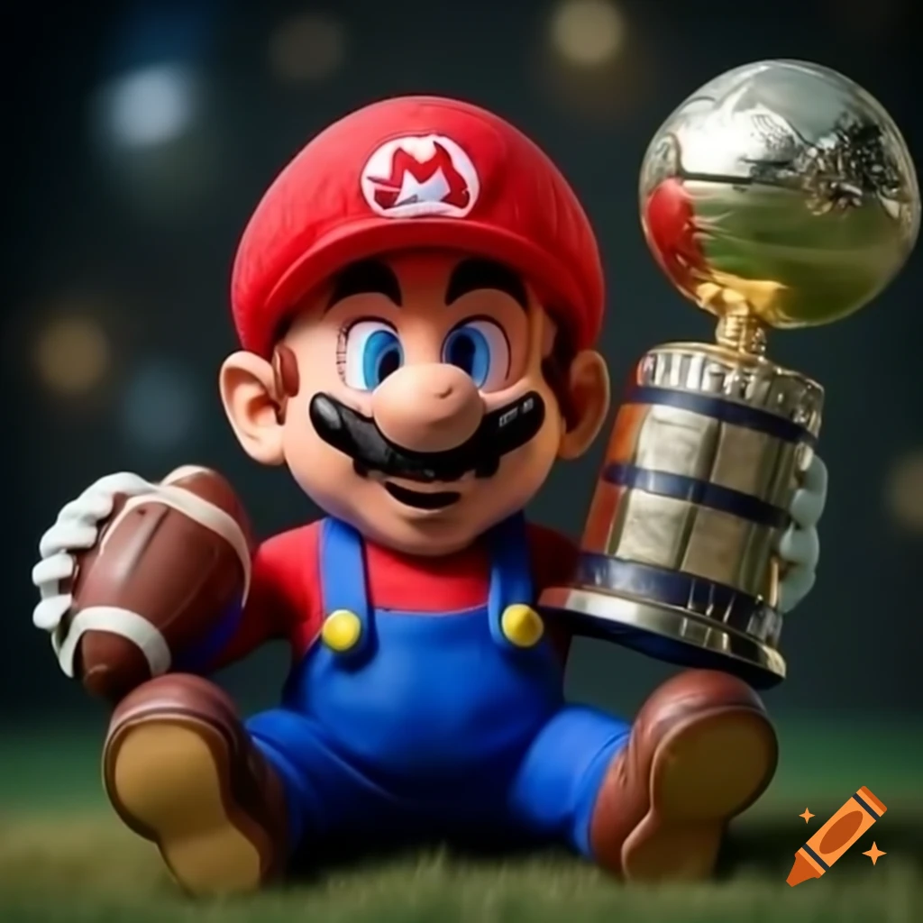 Realistic depiction of Super Mario as an American football player celebrating with trophy