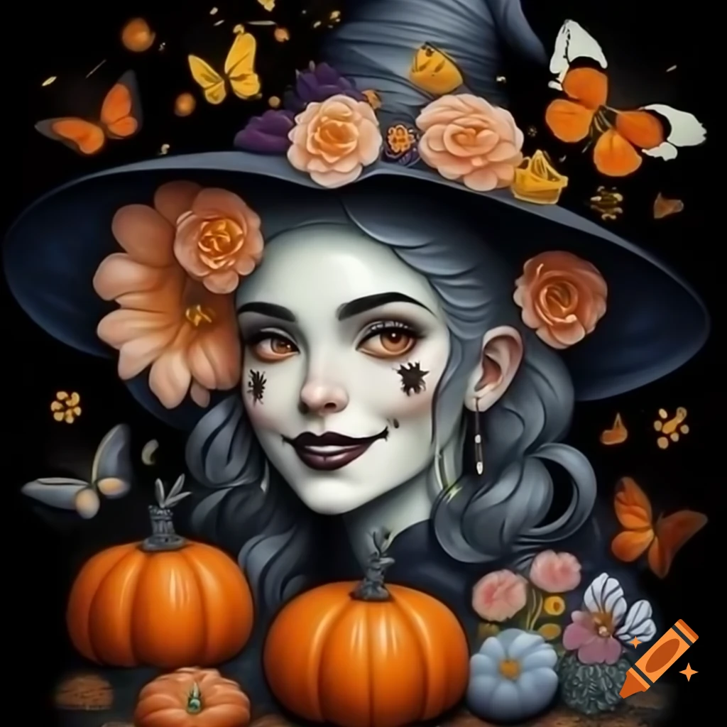 Portrait of modern witch with flowers and butterflies on black background
