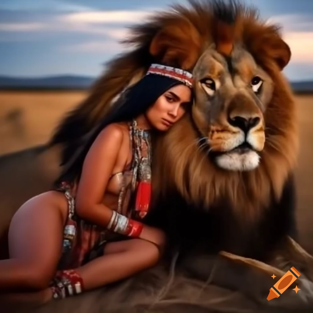 Native American woman with headdress sitting on Lion of Judah against red, gold, and green sky