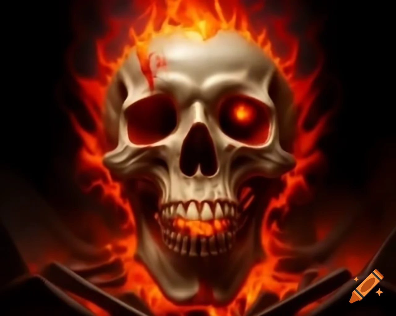 Flaming white skull with bloodshot eyes in video game style