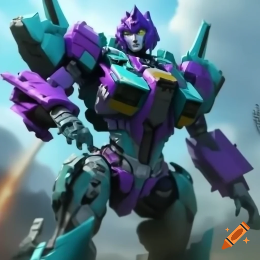 Female jet bot Transformer in teal, purple, and grey colors