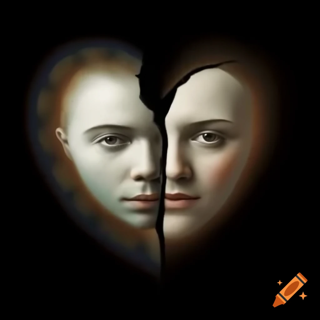 Faded heart with bird element and a split face showing sadness and emptiness