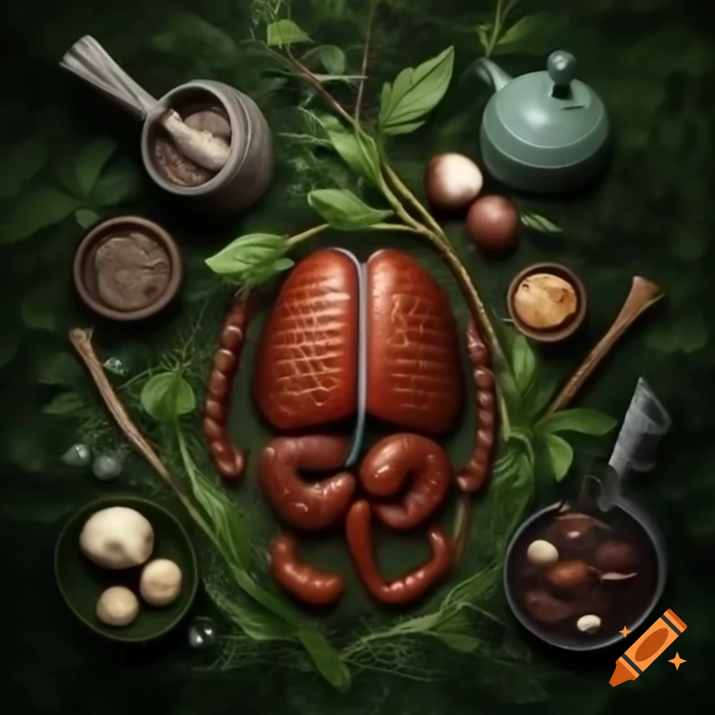 Animal organs and potion ingredients in forest undergrowth, dark fantasy style