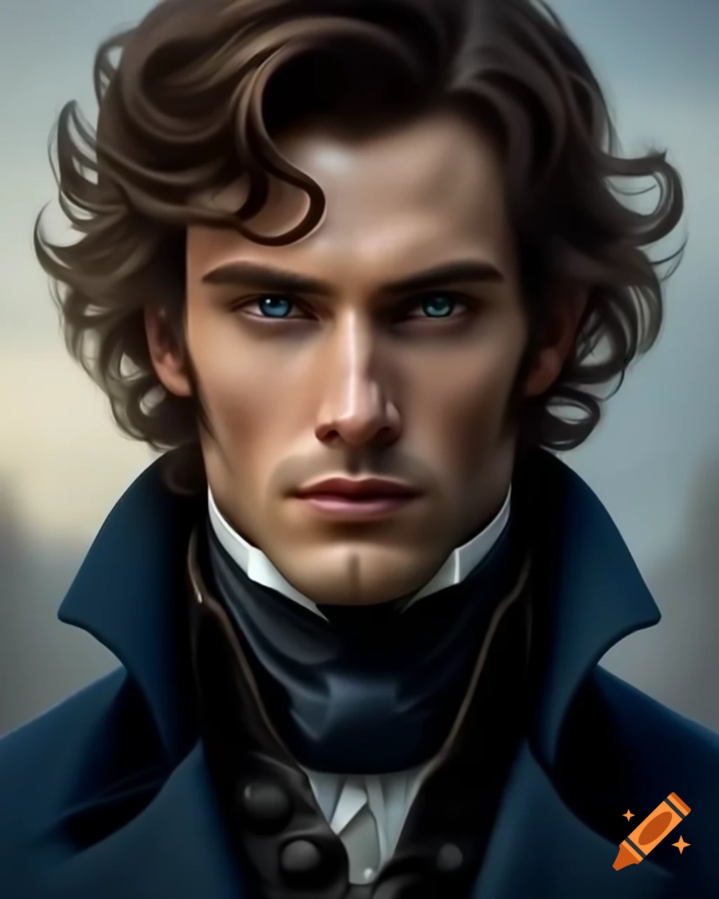 Handsome man in dark blue frock coat, three quarters portrait in fantasy fashion