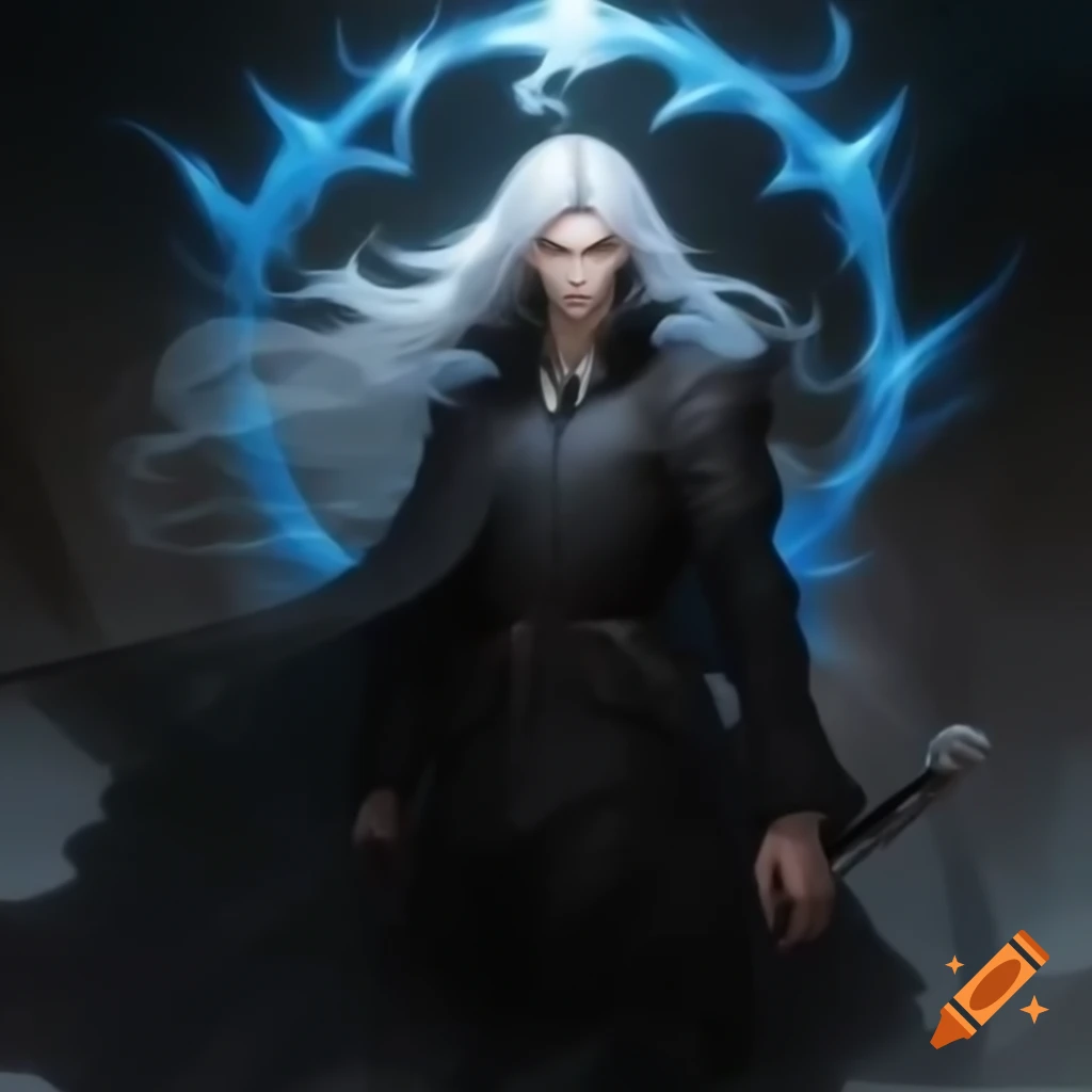 Man with long silver hair and black cloak in dramatic pose looking over shoulder