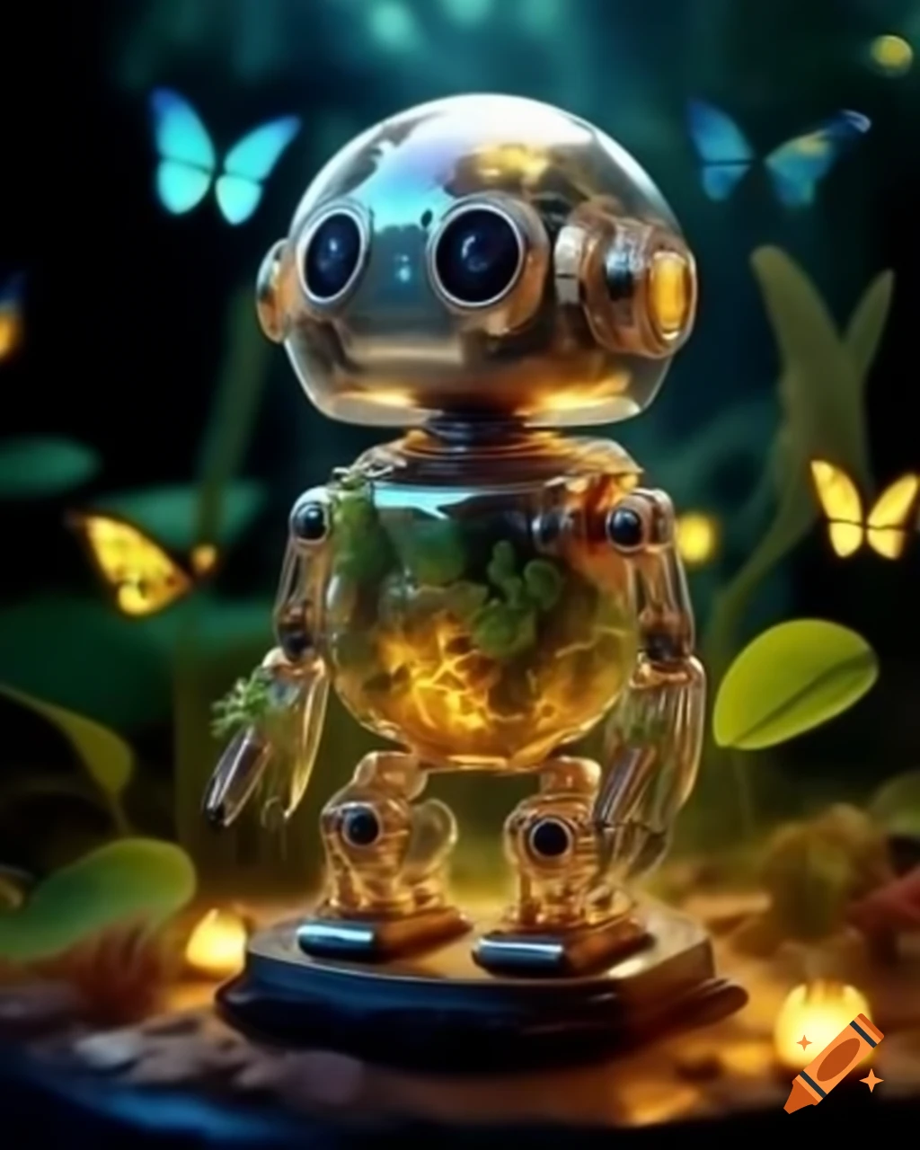 Solarpunk biopunk robot with plants and butterflies, hyper realistic photography