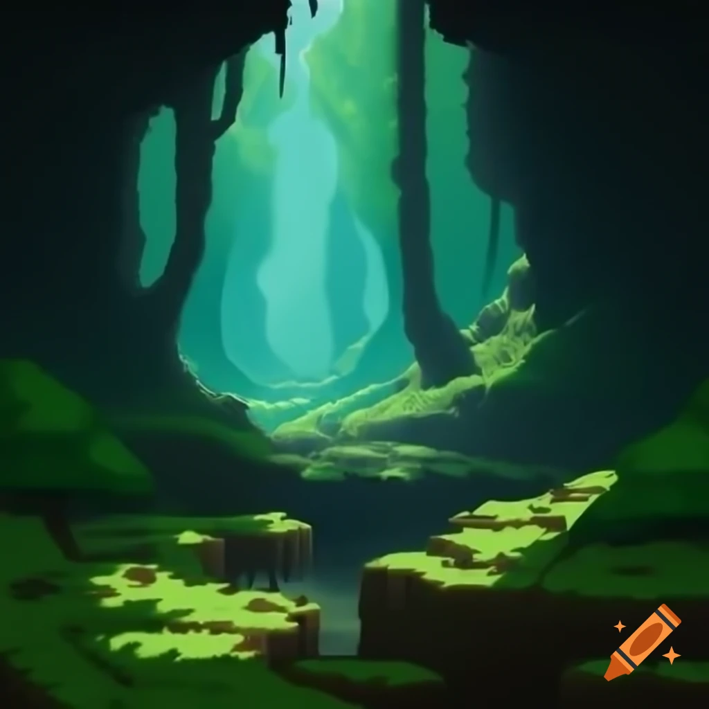 Realistic 2D pixel art of an underground forest landscape