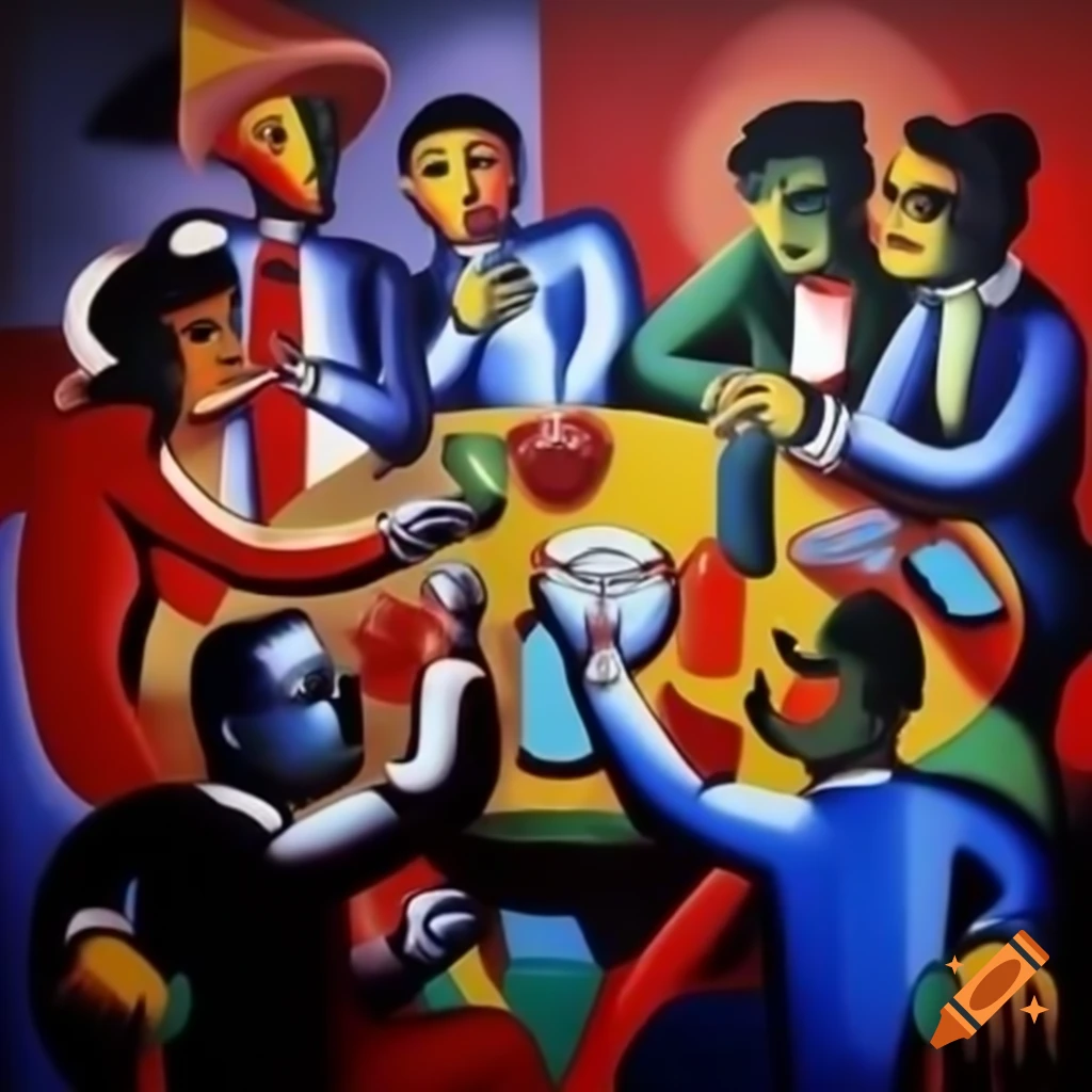 Disco party-themed painting in the style of Paolo Uccello or Pablo Picasso