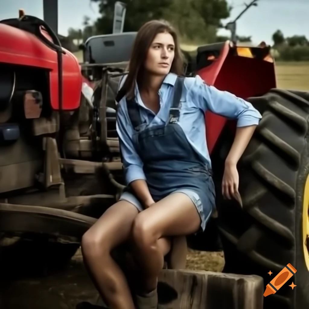 Woman in blue shirt and shorts sitting on a tractor in rugged farm setting