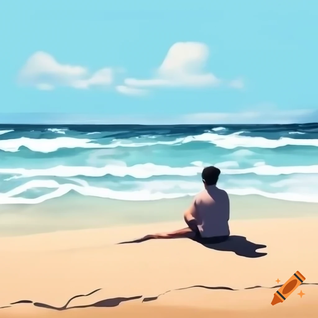 Man sitting on the beach in poster art style