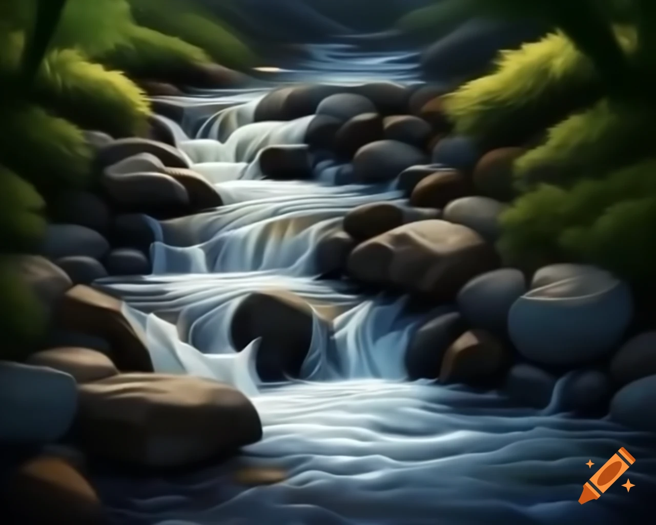 Stylized video game illustration of a stream cascading over stones