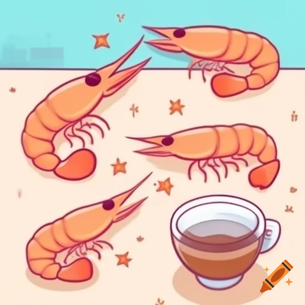 Cute kawaii shrimp alongside a cup of coffee