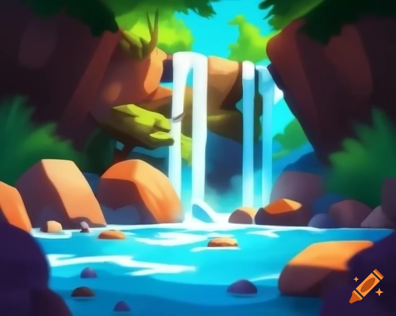 Stylized video game illustration of a stream cascading over stones