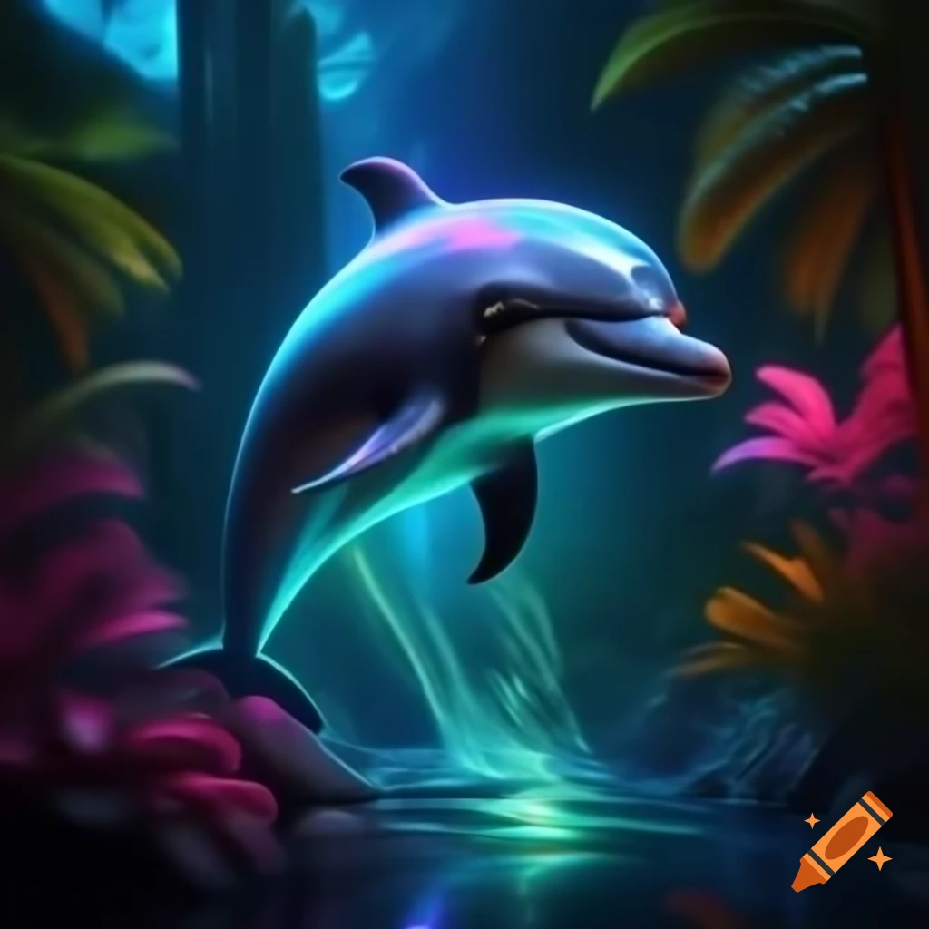 Hyper realistic dolphin in neon lighting with surreal holographic effect