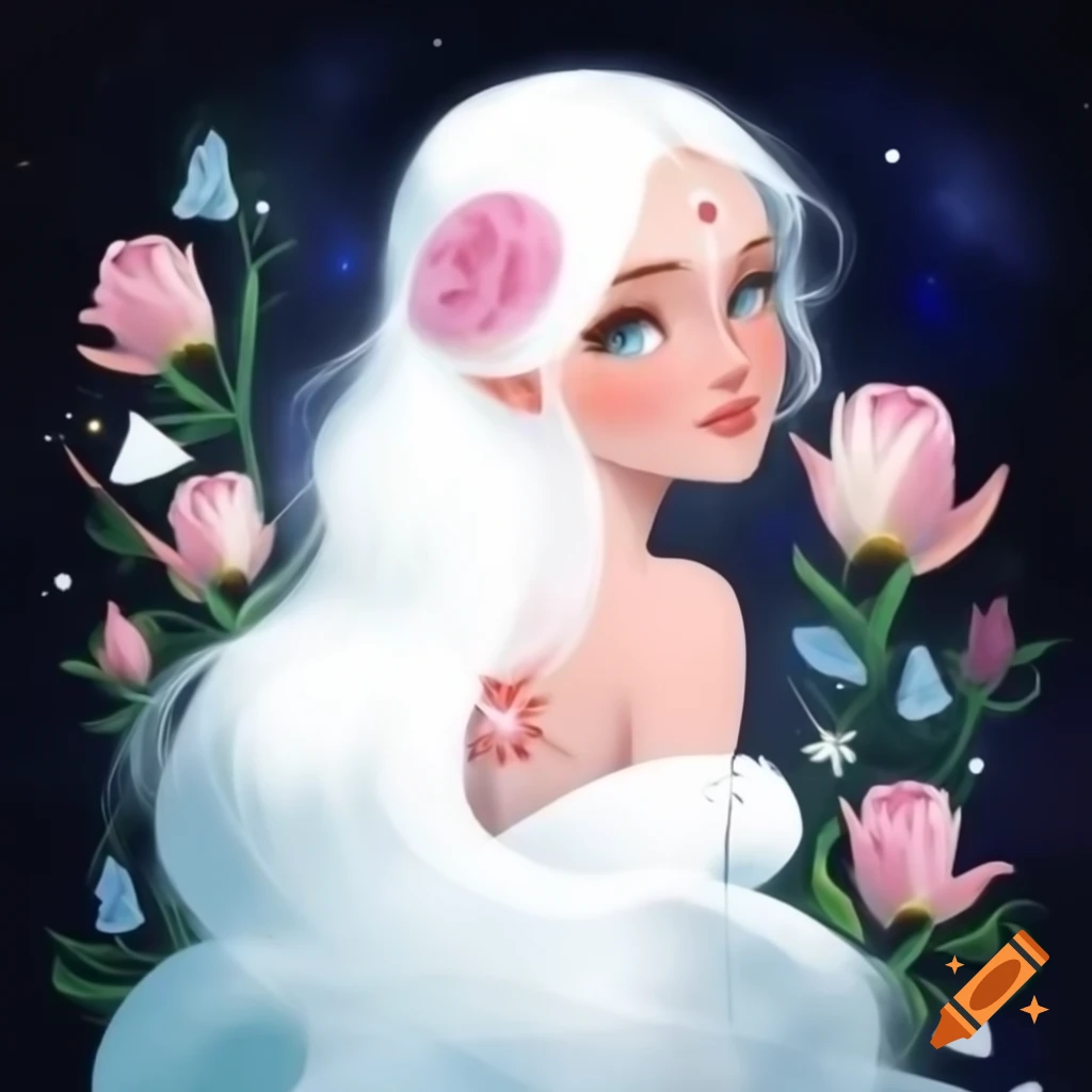 Enchantress portrait with roses and galaxy background, detailed illustration