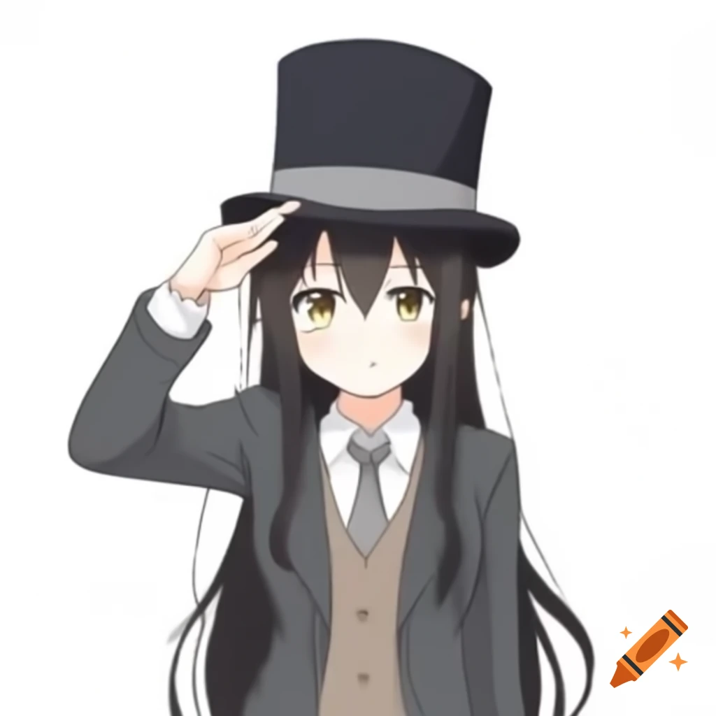 Anime girl in suit and tophat smirking at the viewer