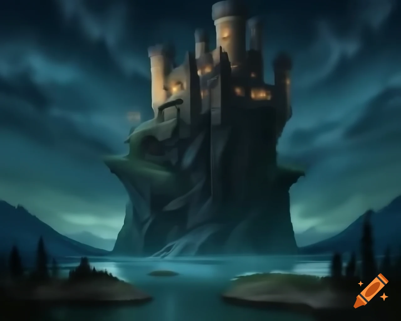 Spooky yet cozy castle on mountain cliff beside lake at night