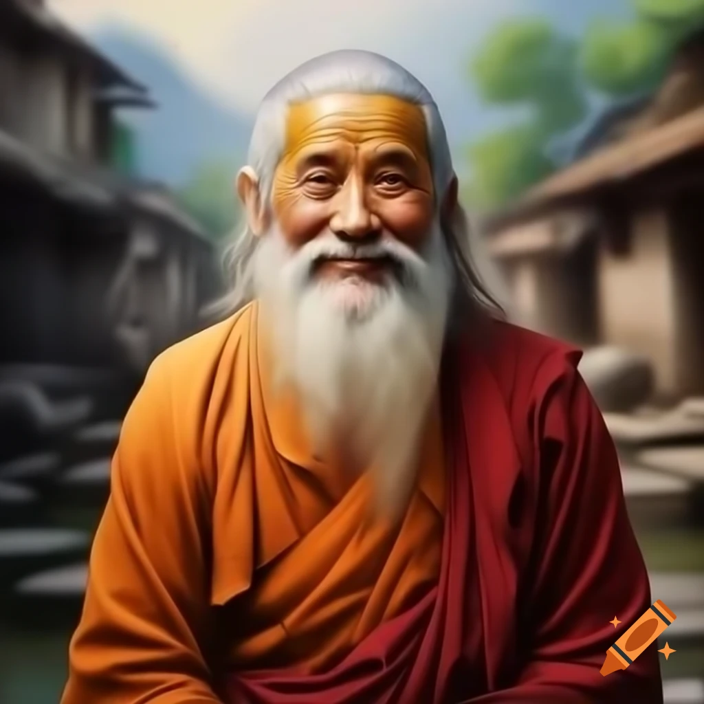 Watercolor painting of smiling Buddhist monk with long white beard in village