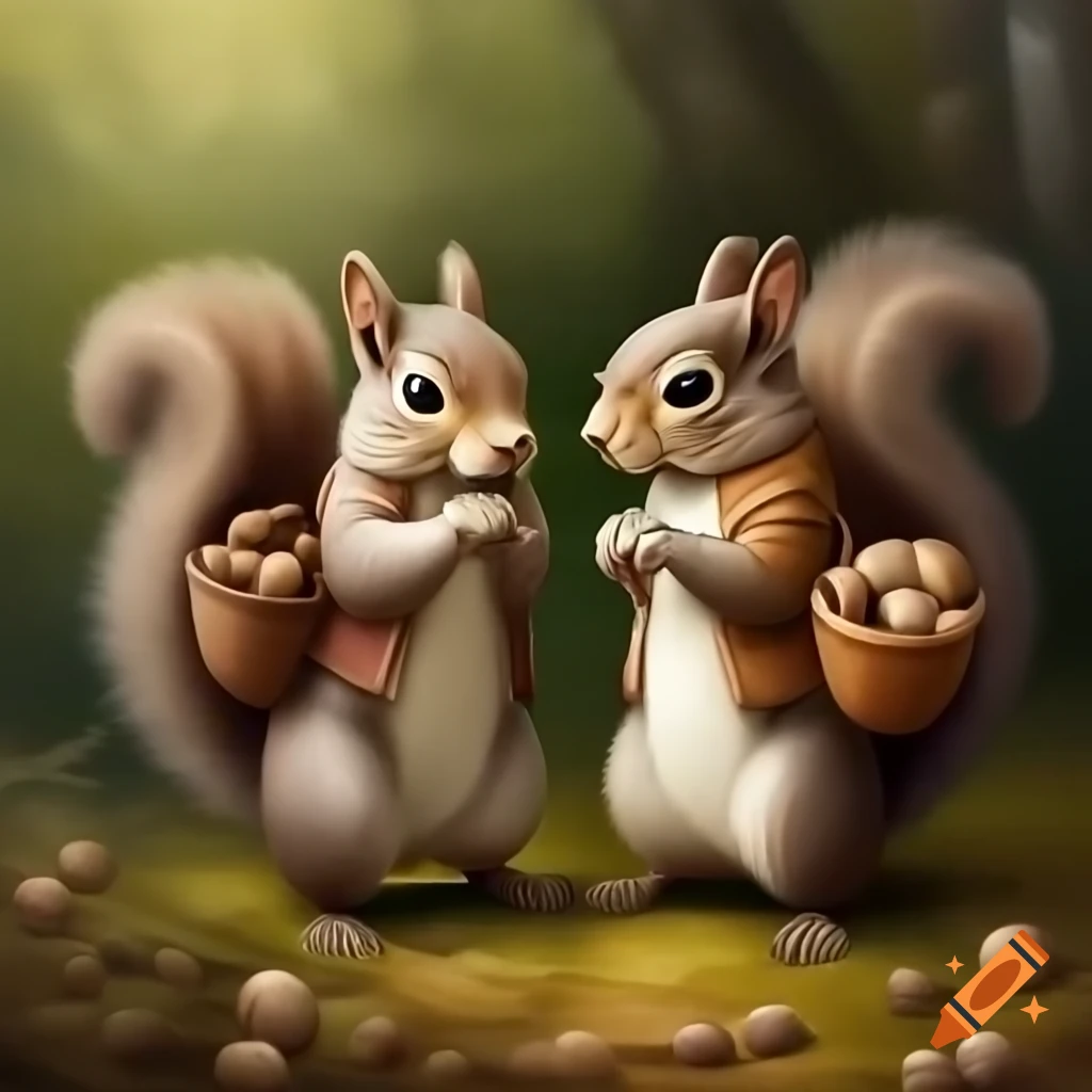 Classic painting of two squirrels in waistcoat and bonnet with acorns in lush forest, Monet-inspired