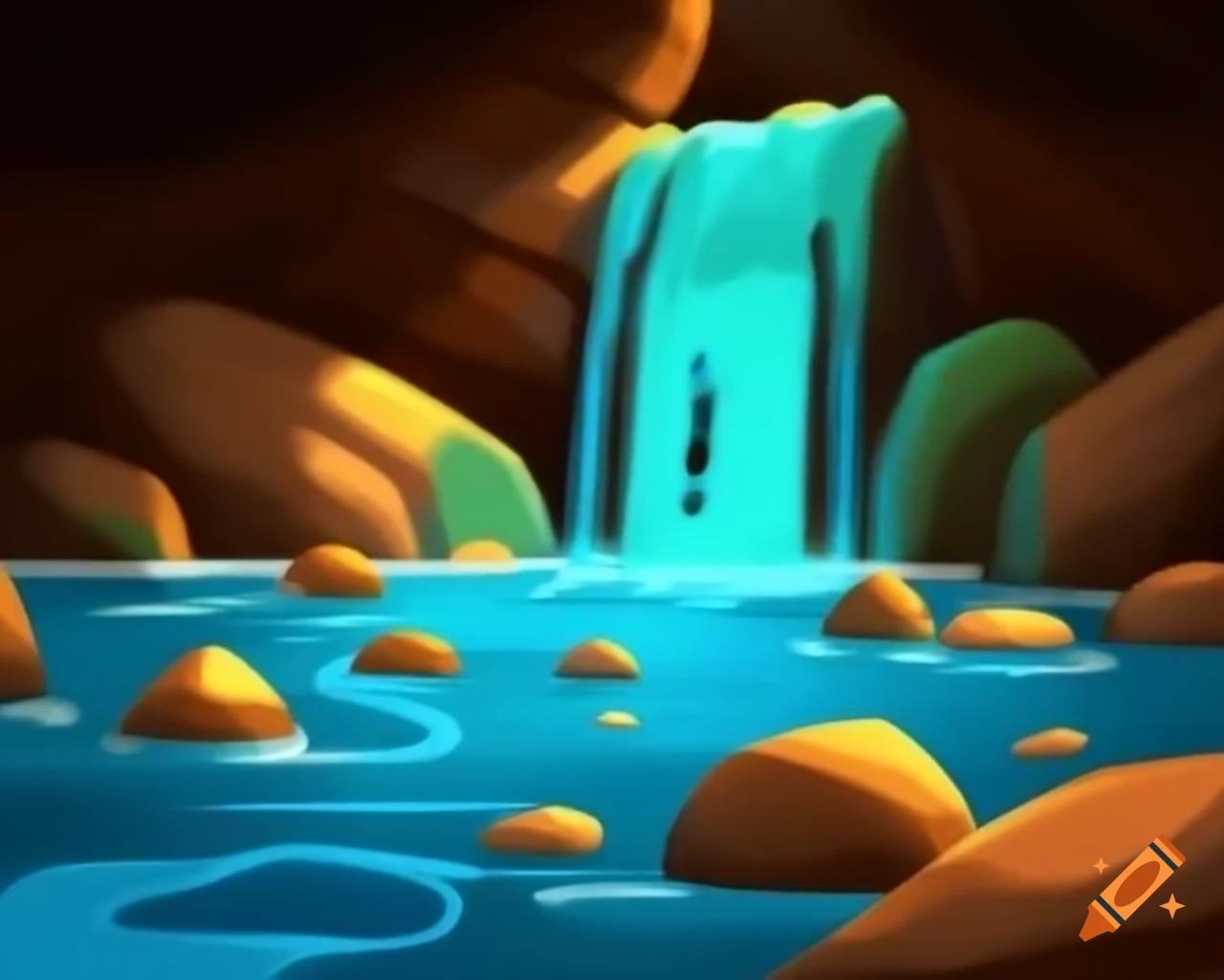 Stylized video game illustration of a stream cascading over stones