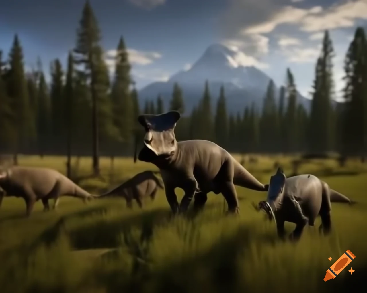 Herd of styracosaurus in British Columbia landscape during morning light