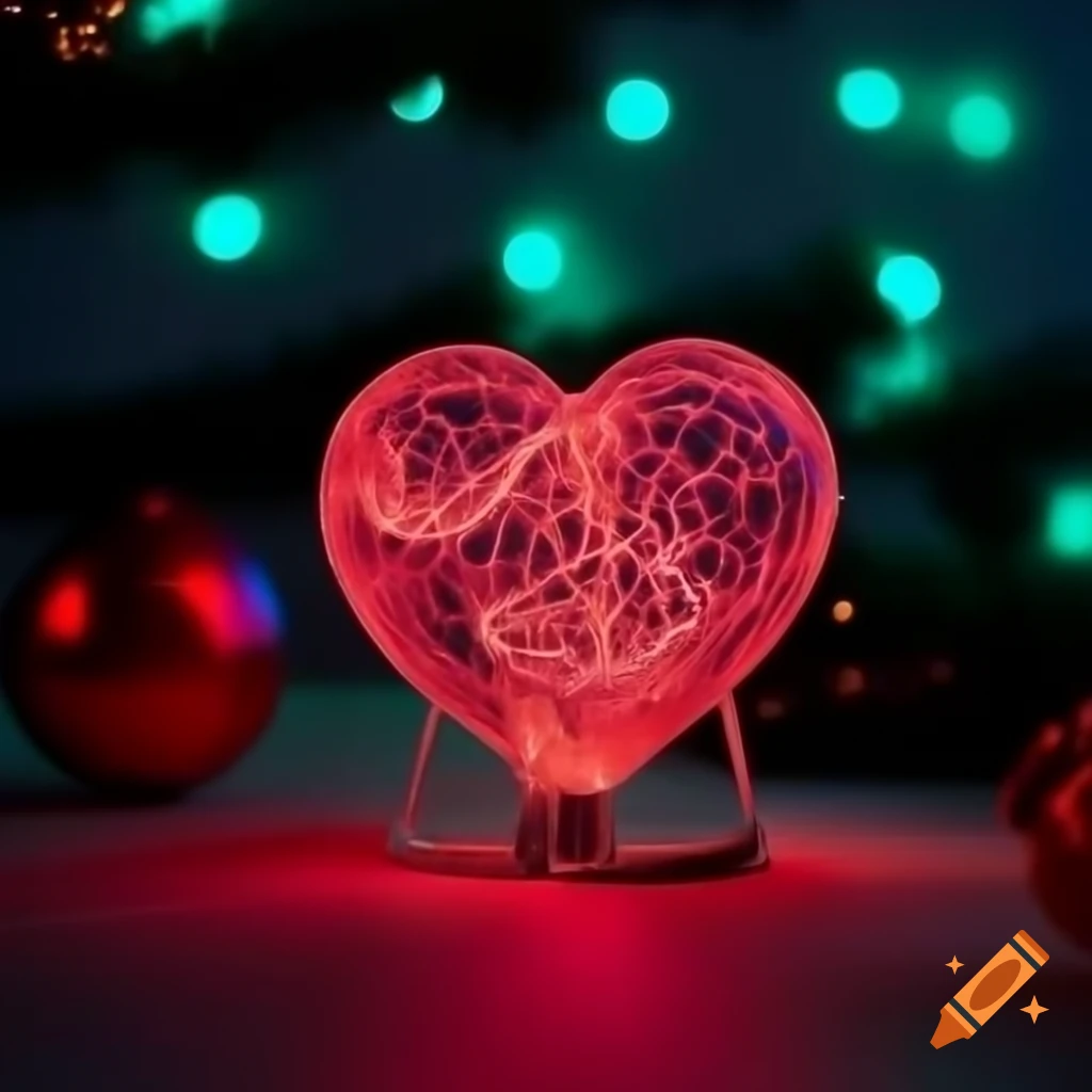 Broken crystal heart with neon lights and golden veins, Christmas theme