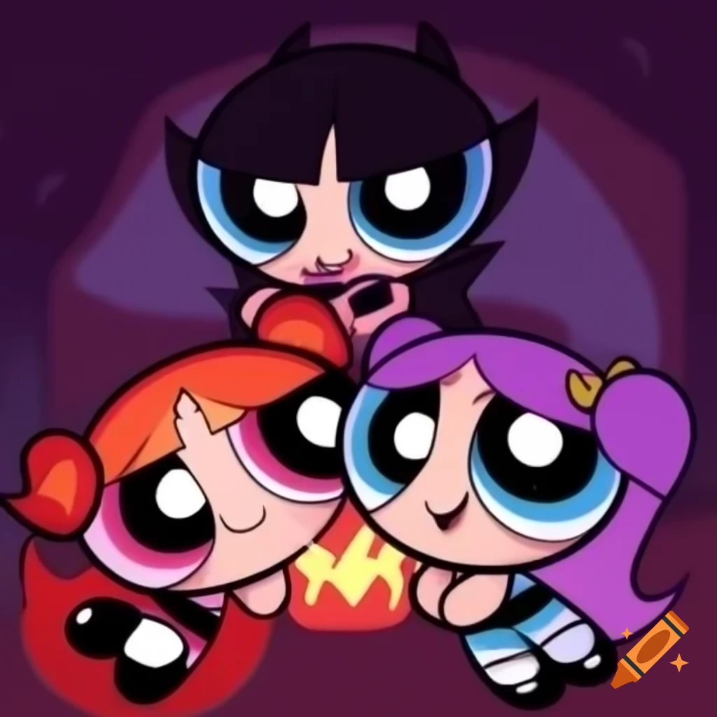 Cartoon scene with PowerPuff Queen Vampire and Funshine Bear from Care Bears