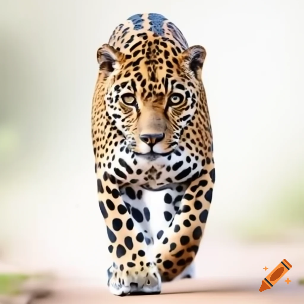 Jaguar walking forward with head turned left against white background