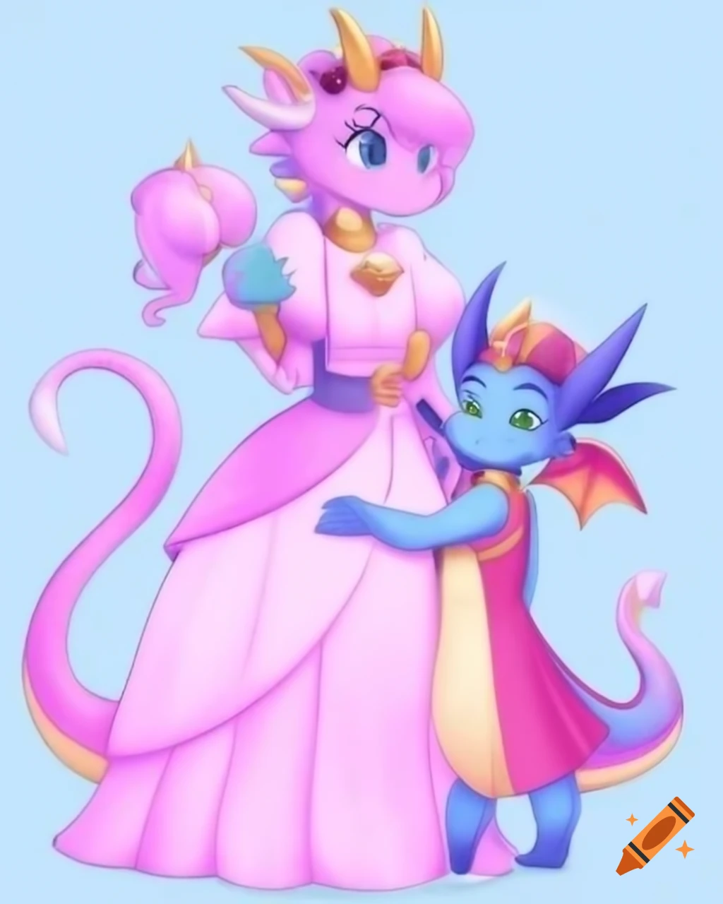 Anthropomorphic pastel pink dragoness in royal dress holding young blue dragon