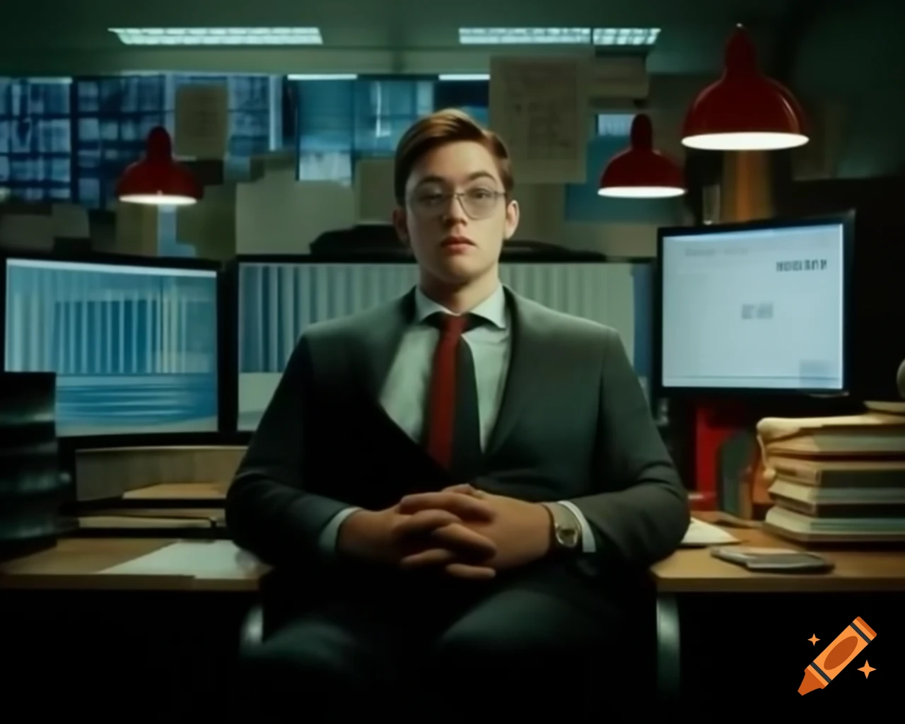 Young man in business suit sitting at desk in modern office, thoughtful expression