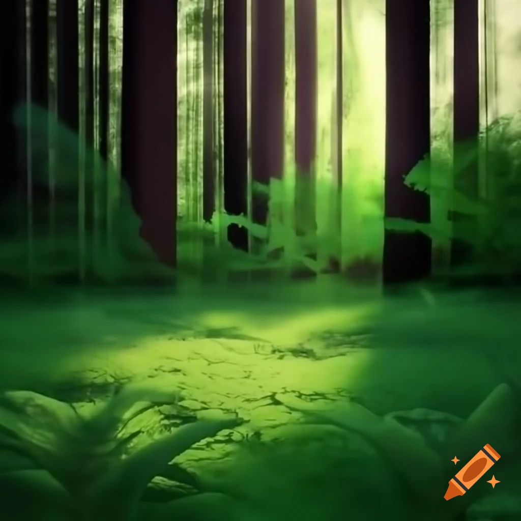 Small green meadow surrounded by dense forest with sunlight