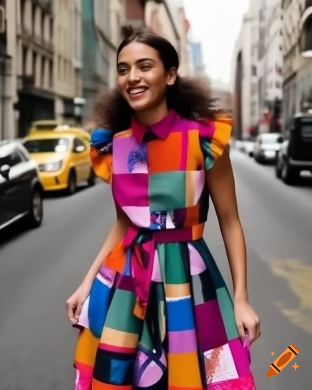 Woman wearing colorful dress on city streets