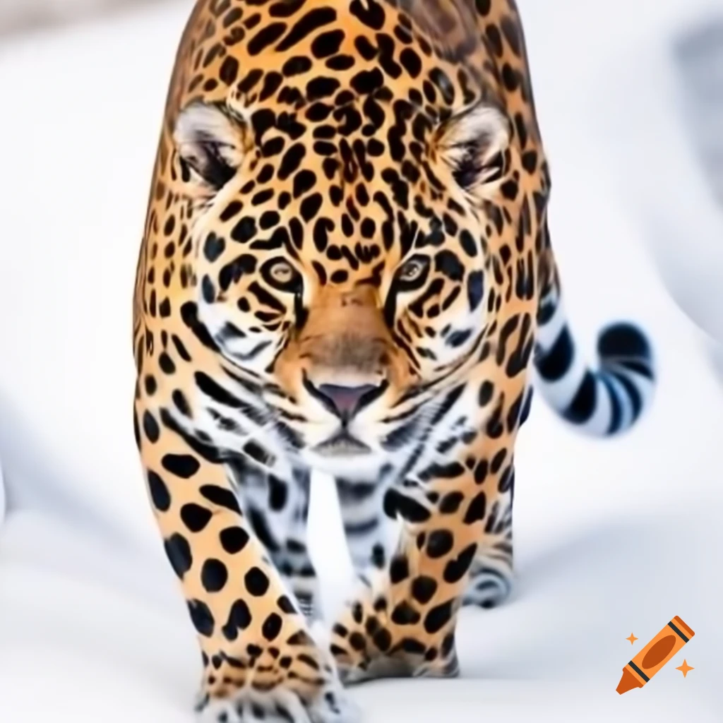 Jaguar walking forward with head turned left against white background