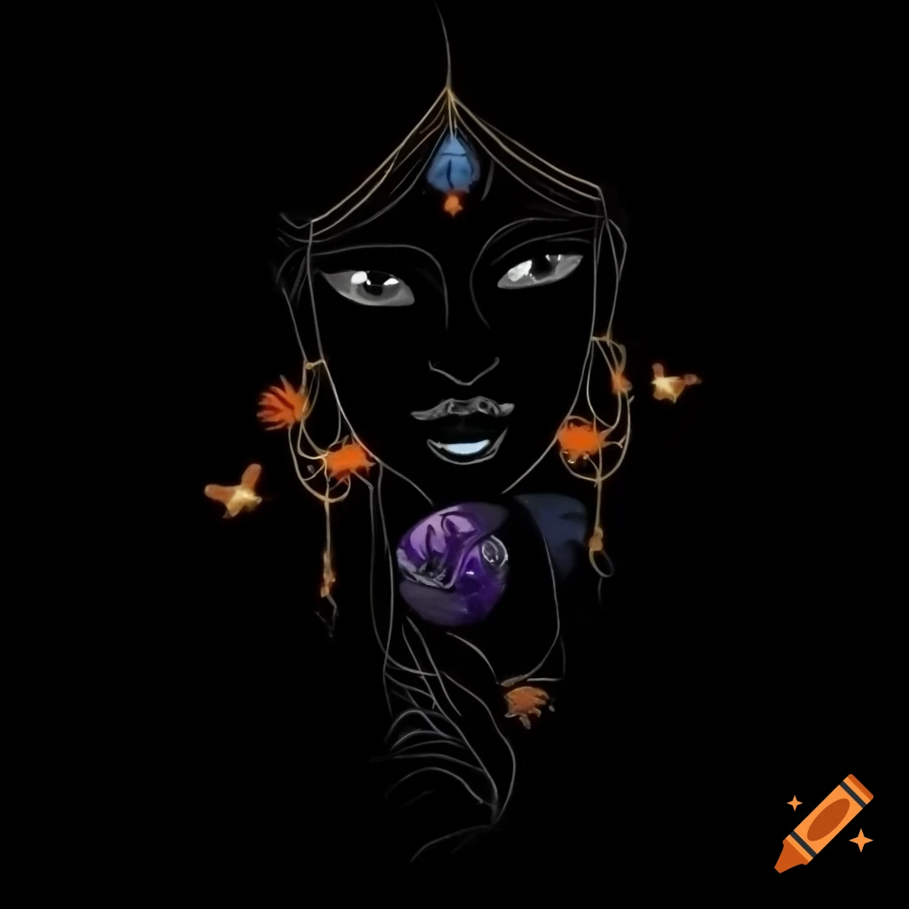 Mystical gypsy with a crystal ball surrounded by flowers, pumpkins, butterflies, and birds
